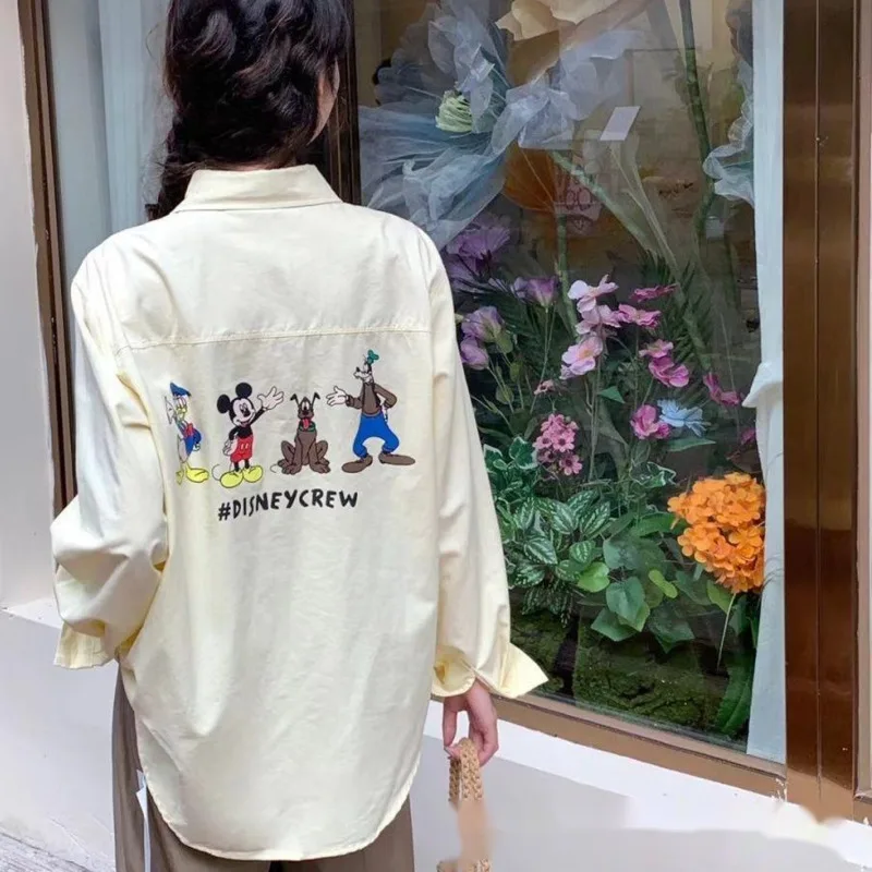 Disney Mickey Donald Duck Cartoon Print Shirt Autumn Trendy Loose Cotton Long Sleeved Blouse Korean Version Casual Versaitle Top