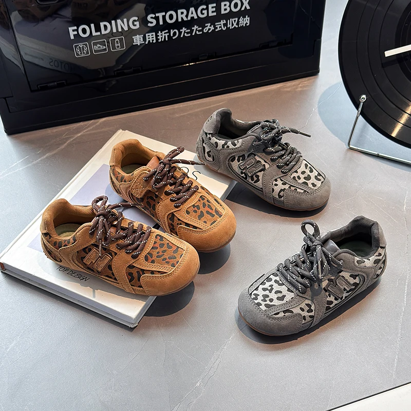 Kids'Casual Shoes Sneakers PU Leather Leopard Print Spring Shoes For Girls Soft Bottom Anti-slip Brown Gray Shoes Size 26-37
