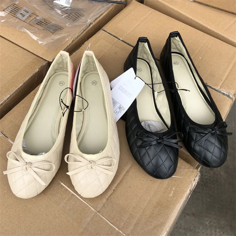 Spring Autumn Elegant Bowknot Ballerina Flat Women\'s Round Toe Comfort Slip-On Ladies Loafers Leather Single Mules Shoes