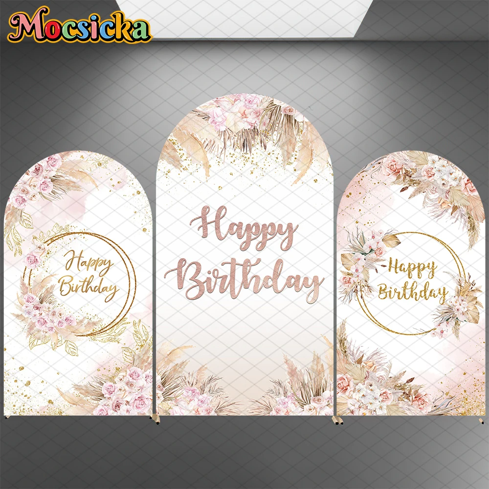 

Mocsicka Happy Birthday Arch Backdrop Cover Elastic Double-Sided Kid Photo Arched Background Abstract Art Flower Decor Photocall
