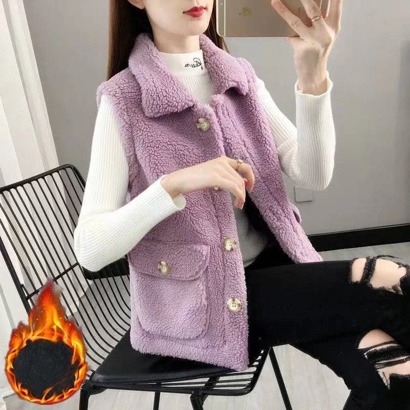 

Women's Warm Fleece Lined Lamb Wool Vest Chunky Knit Thickened Gilet Cozy Granular Fleece Casual Vests for Autumn Winter 2026
