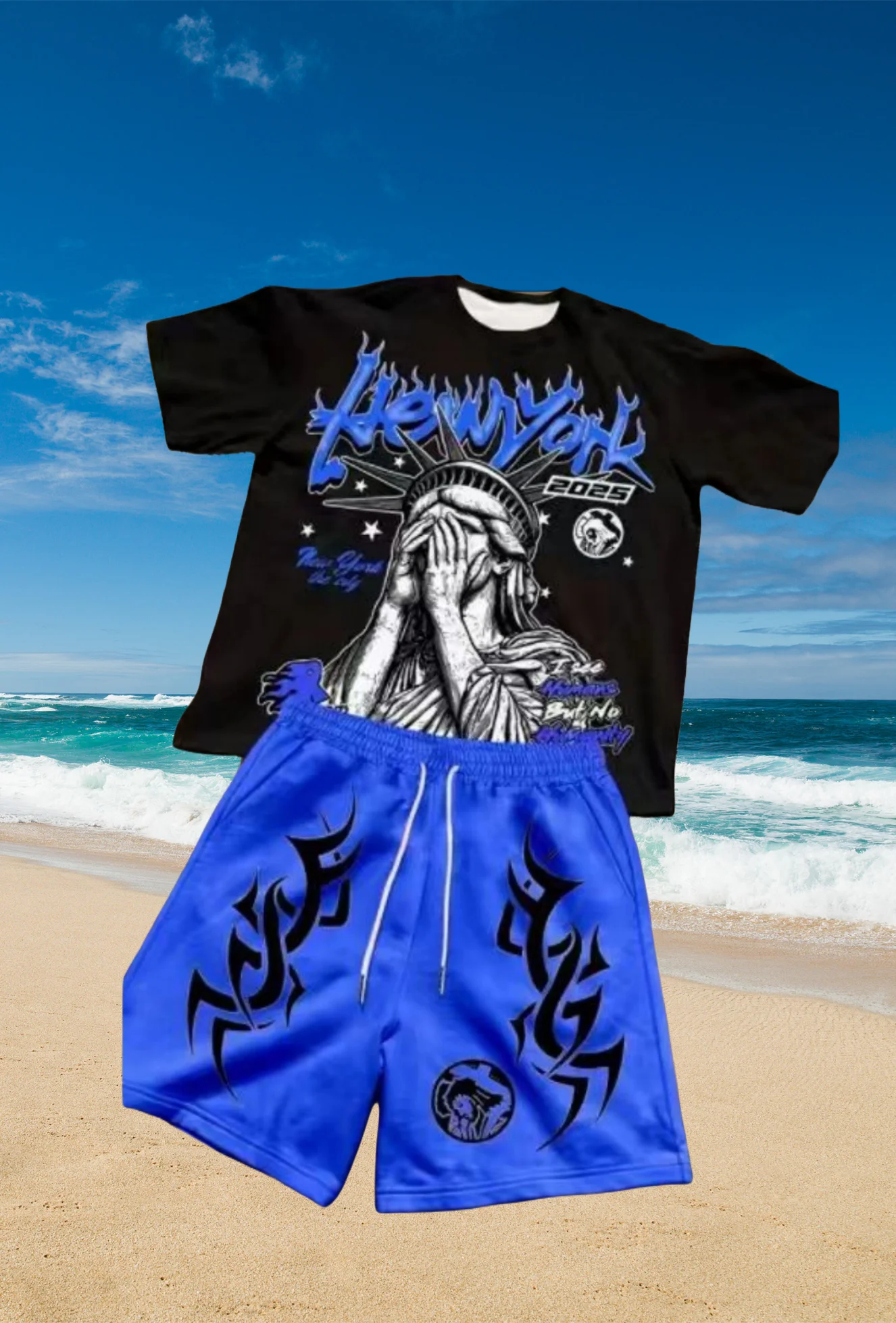 

Hot Selling New Men's Statue of Liberty Printed Round Neck Breathable T-shirt and Shorts Set Outdoor Comfortable Two-piece Set