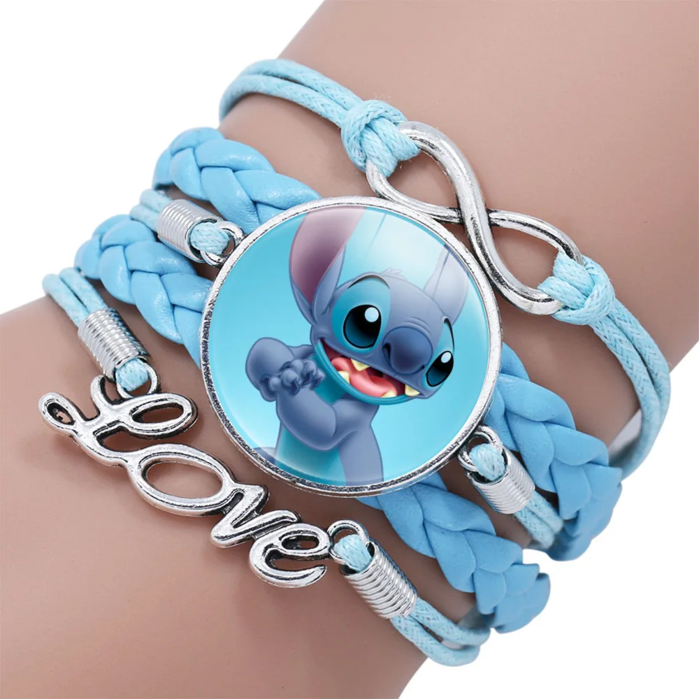 Disney Stitch Animation Series Pulseira para mulheres, pulseira azul multicamadas, gema do ponto dos desenhos animados, corda trançada artesanal, presentes de joalheria, quente