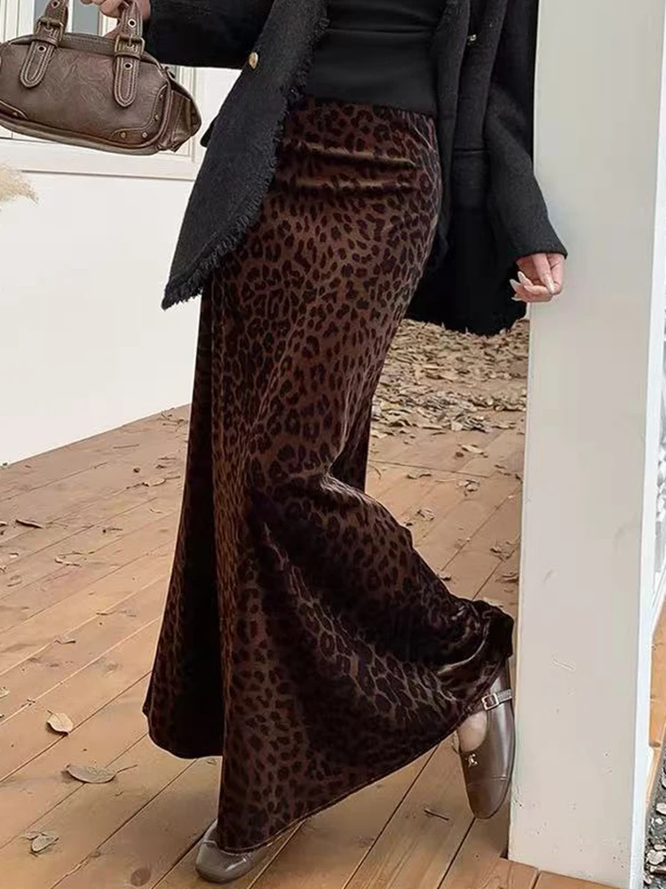 Elegant Leopard Velvet Long Skirts Women Casual High Waist Autumn Winter Mid Length Skirt Streetwear Oversized Harajuku Skirt