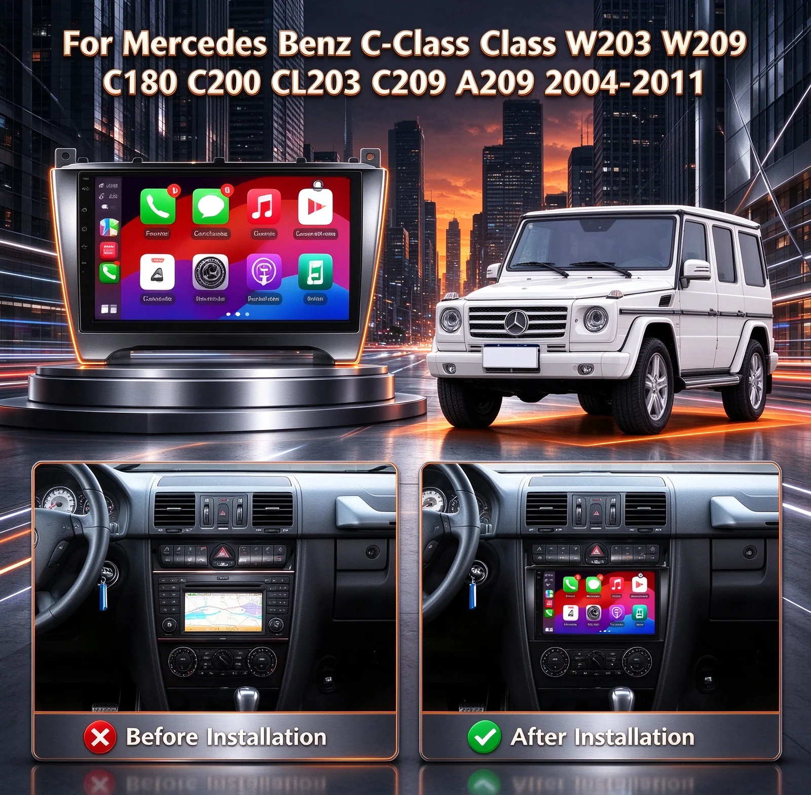 9”Android 16 Car Radio Carplay For Mercedes Benz C-Class Class W203 W209 C180 C200 CL203 C209 A209 2004-2011 2K QLED Screen