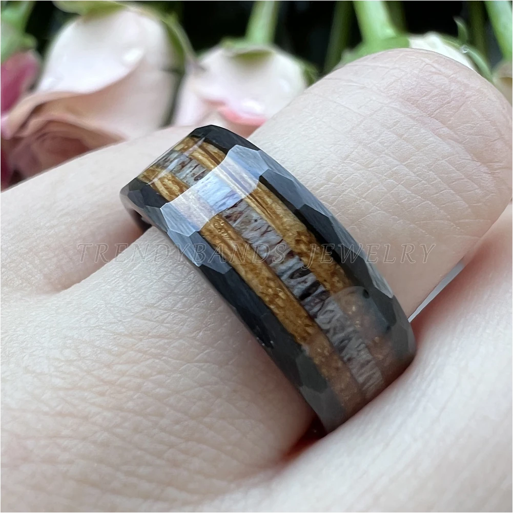 8mm Hammered Fashion Ring for Men Women Tungsten Carbide Engagement Jewelry Wedding Band Whisky Barrel Wood Inlay Brushed Shiny – Detail 15