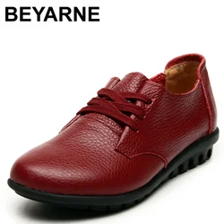 BEYARNE New Arrival Spring Women's Genuine Leather Lace Flats Shoes Women's Casual Shoes Women Loafers Full Leather Mom Shoes