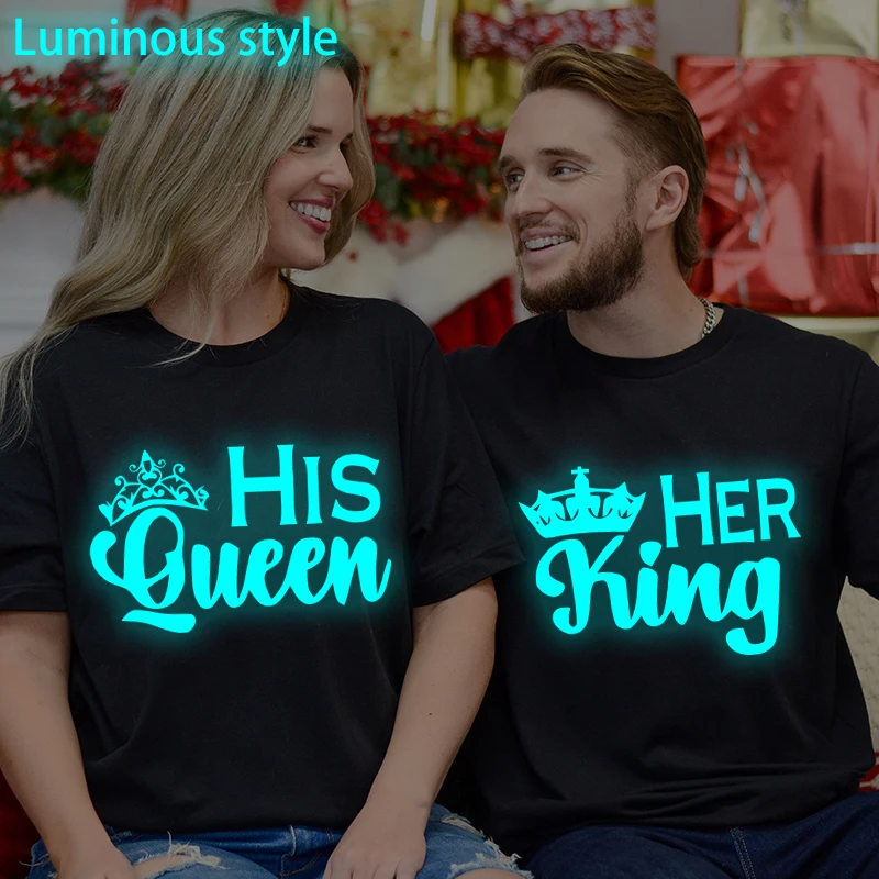 

His Queen Her King Classic Luminous Style Crewneck Tshirt for Men Women Fashion Valentine Gifts Casual Vintage Couple T-shirts