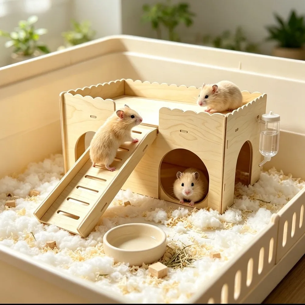 Hamster Cage Solid Wood Two-Tier Cage for Hamster, with Ladder Arched Door Hamster Supplies, Wave Fence Small Animal Supplies