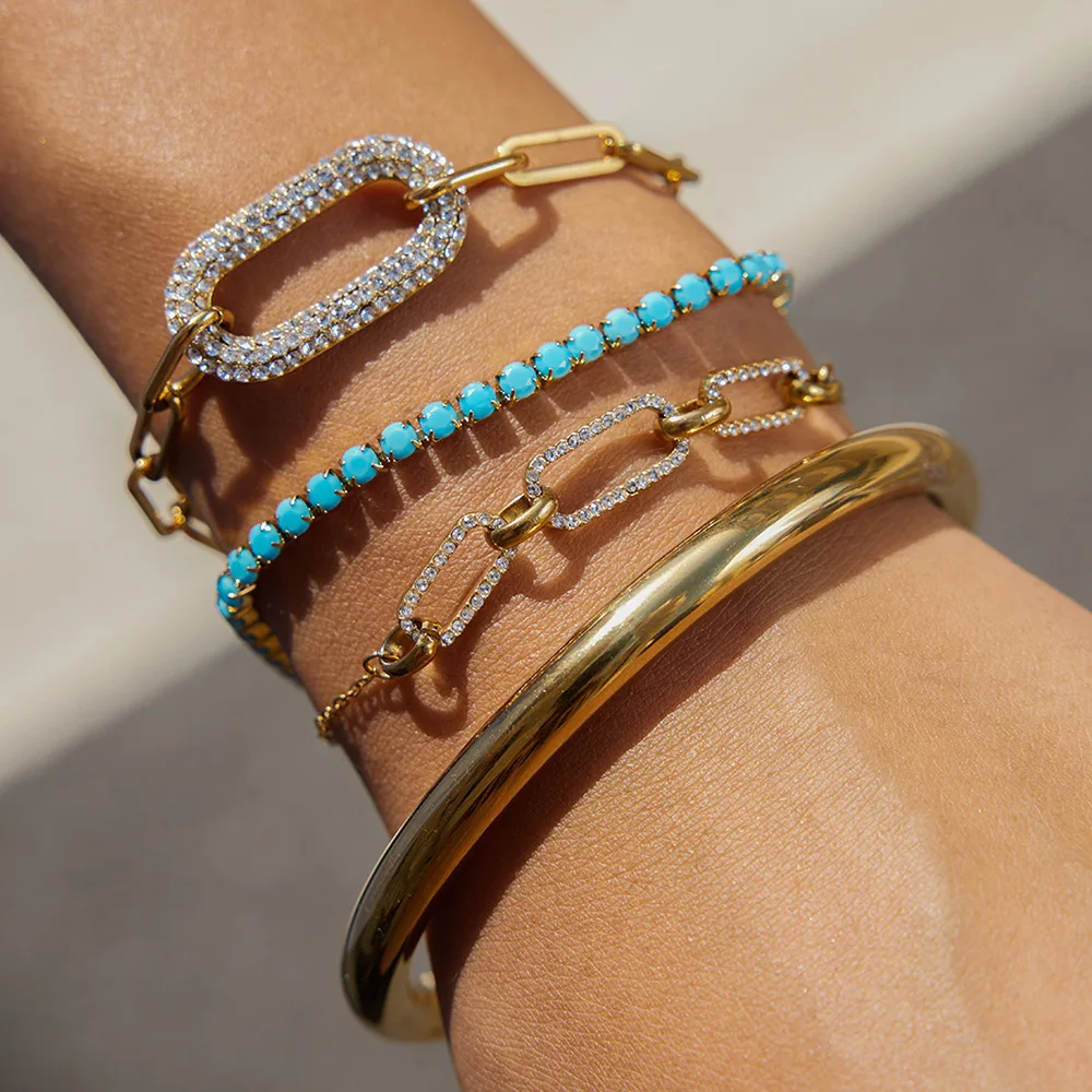 

Ins Fashion 3/5pcs Stainless Steel Layered Bangles For Girls Blue Turquoise White CZ Tennis Bracelet Chic Titanium Chain Jewelry