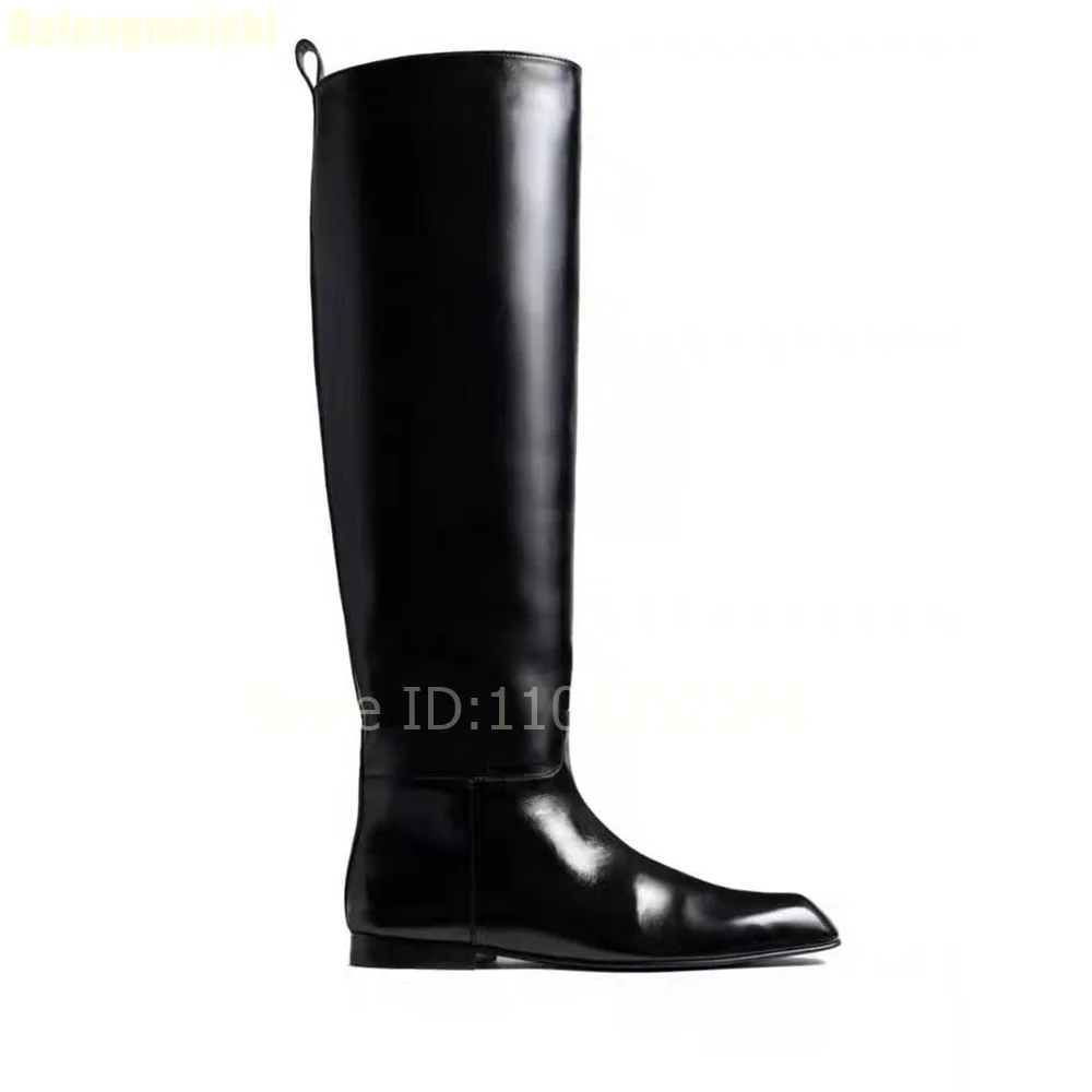 Black Leather Knee High Boots Women Fashion Square Toe Flat Heel Knight Boots Comfortable Slip-On Casual Footwear Plus Size35-43