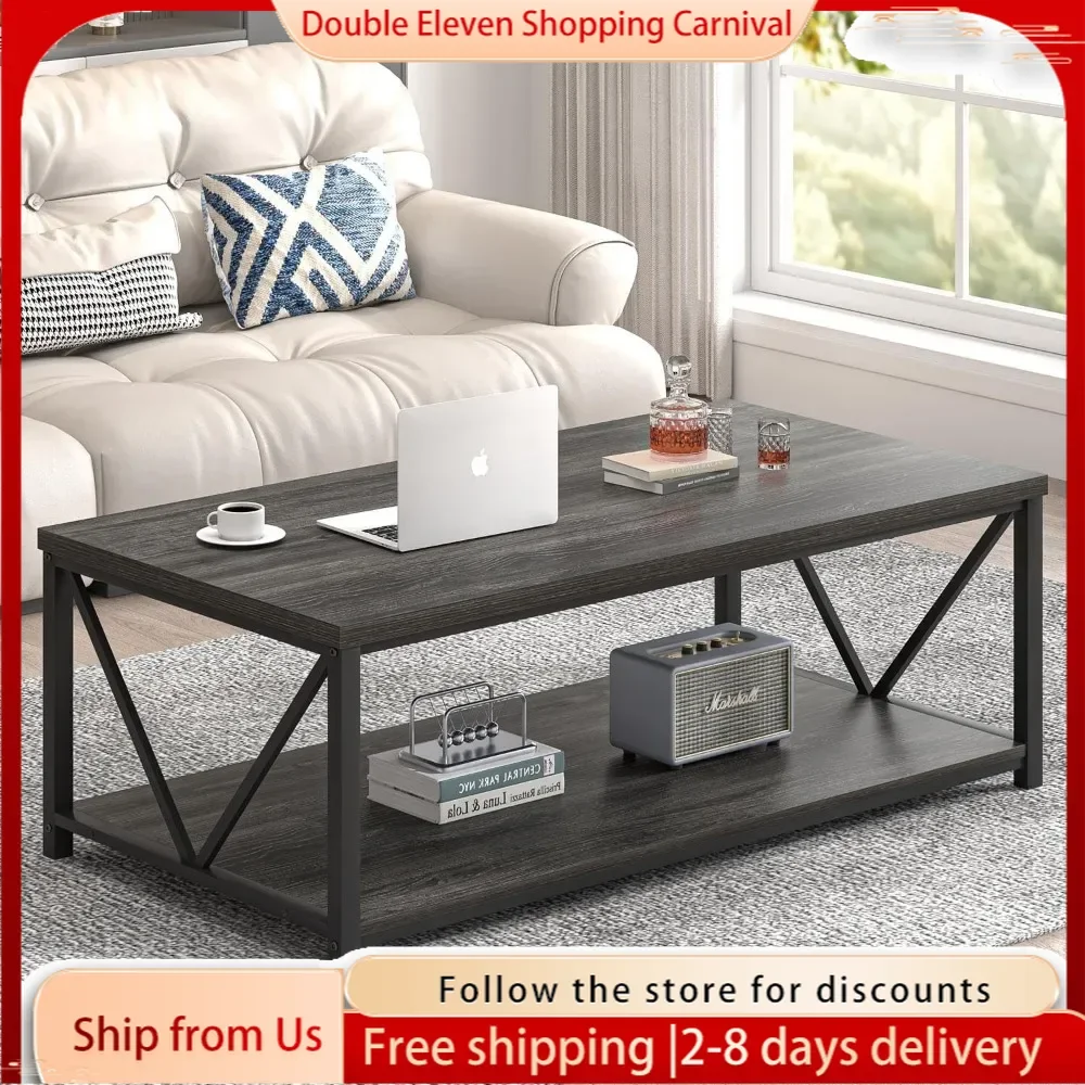 

47 Inch Coffee Table with Storage Shelf, Modern Rustic Wooden and Metal Rectangle Center Table for Living Room, Dark Gray