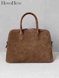 New Office Ladies Vintage Design Shell Bag Suede Cowskin Tote Handbag Zipper Autumn Genuine Leather Women Single Shoulder Bag