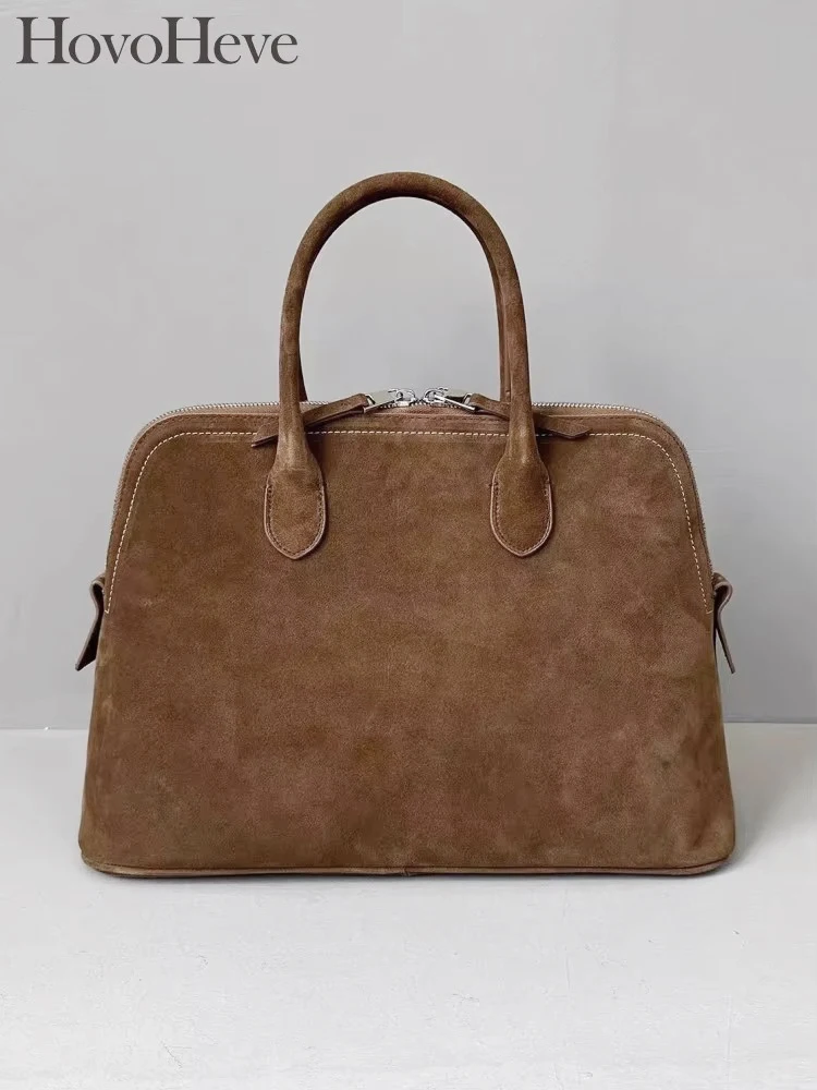 New Office Ladies Vintage Design Shell Bag Suede Cowskin Tote Handbag Zipper Autumn Genuine Leather Women Single Shoulder Bag