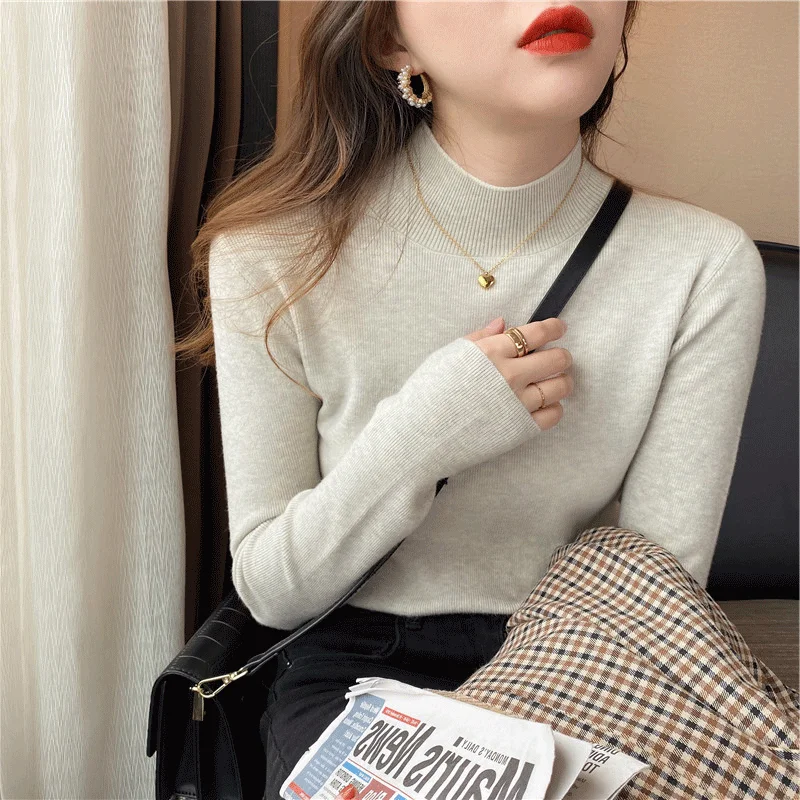 

Knitted Sweater Women Pullovers Knitwears New Long Sleeve Slim Knit Sweater Pullover Women Tops Mock Neck Black Sweaters Q3215