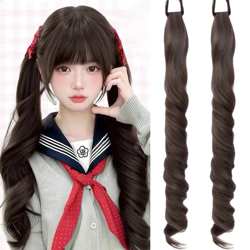 

2pcs Hair Ponytail Wig Extensions Synthetic Black Brown Roman Roll Ponytail Extensions with Elastic Band Lolita Wigs