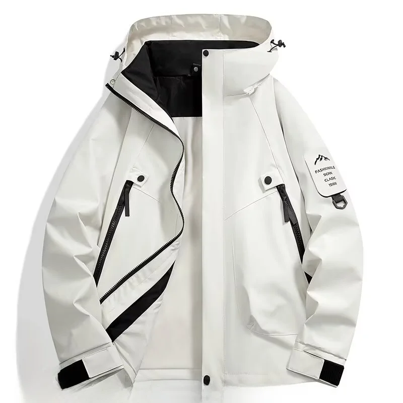 

ex Tee-Proof Fabric Outdoor Jaet Spring Autumn Large Size Windproof Waterproof Hooded Coat for Couples Pure Color