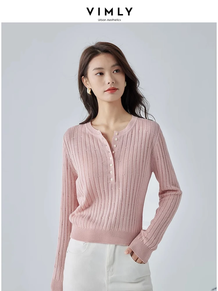 Vimly O-neck Knitted Women\'s Long Sleeve Top for Woman High Strecth Soft Female Knitwear 2024 Spring Short Knit Pullovers 16571