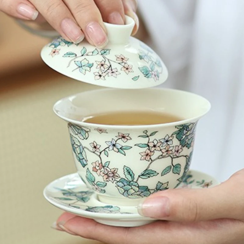 Porzellan-Teetassen-Set mit Kamelienmuster, Kungfu-Teetassen-Set, traditionelles Tee-Ei mit Deckel, Teetasse, Tee versiegeltes Vorratsglas