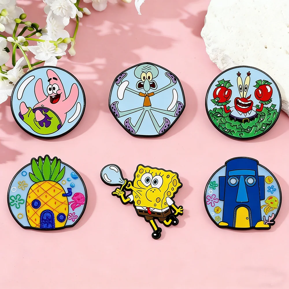 6Pcs Kawaii SpongeBob & Friends Enamel Pins Blow Bubbles Patrick Squidward Mr. Krabs Lapel Badges  Kids Collectible Brooch Gift