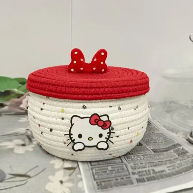 En Stock: Cesta de Almacenamiento de Escritorio Sanrio Hello Kitty, Tejida con Hilo de Algodón, con Tapa, para Guardar Bocadillos y Artículos Diversos