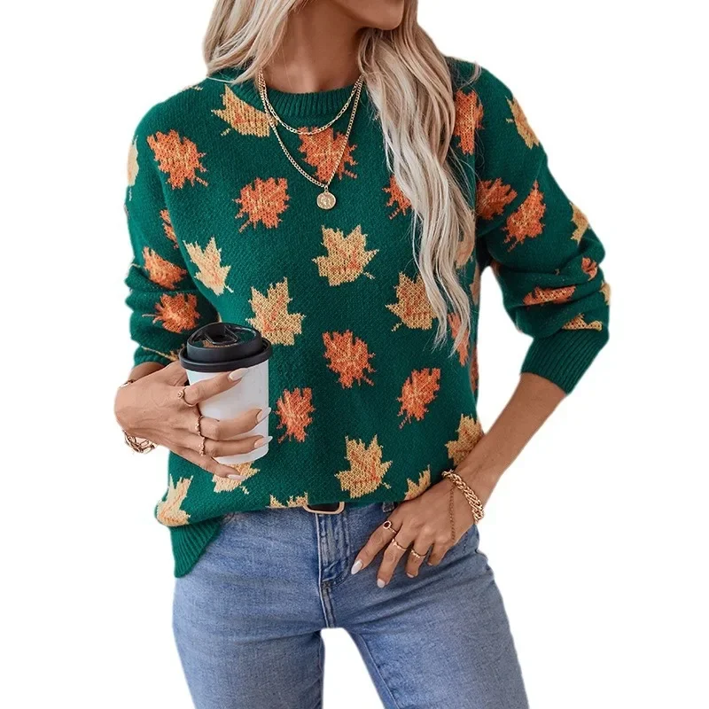 Women Print Sweaters Knit Thick Long Sleeve Round Neck Pullovers Patchwork Elegant Jumpers Casual Outwear Slight Strech