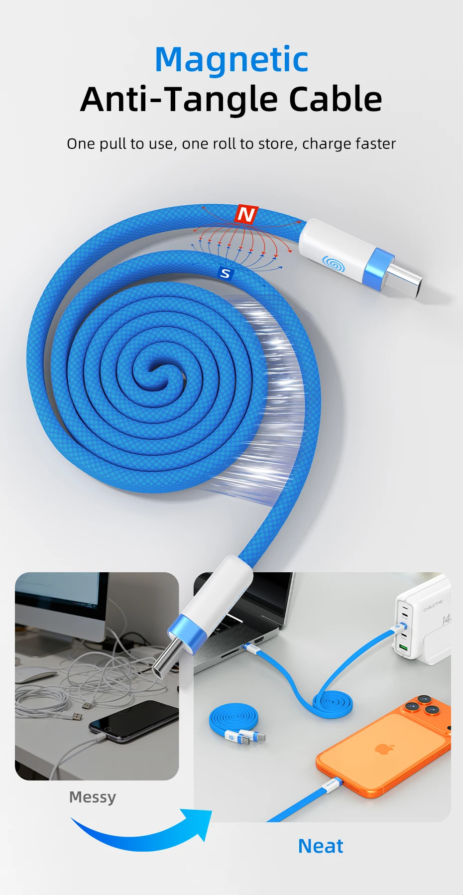 CABLETIME USB-C Kabel Magnetisches Typ-C Kabel PD100W 480Mbps Flachkabel Hochgeschwindigkeitsübertragung für HUAWEI Xiaomi iPhone 17/16 C-Kabel – Detail 20