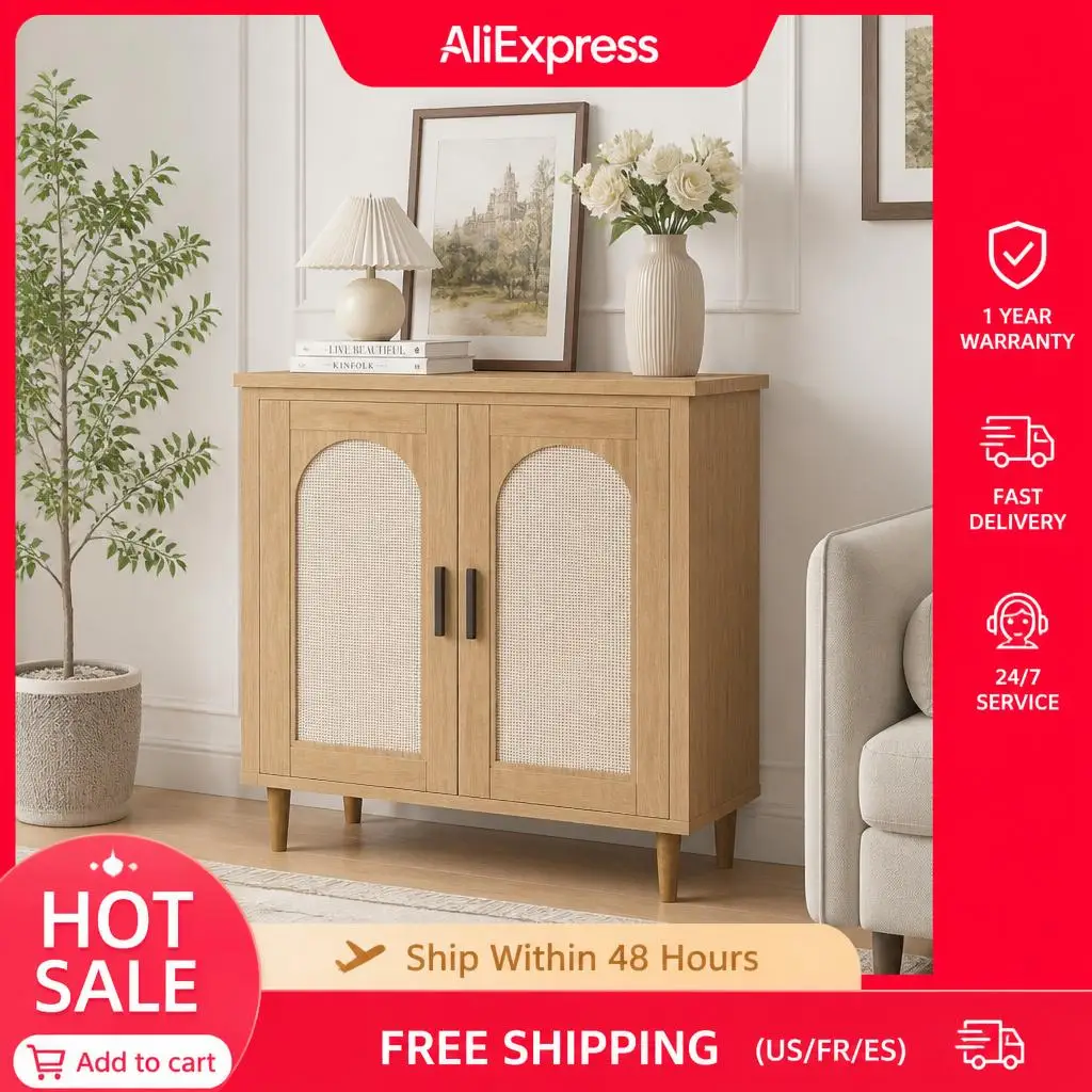 Credenza a 2 ante GarveeLife - Mobiletto laterale stretto in MDF e PB - Finitura in legno naturale - Vimini sintetico - Soluzione salvaspazio per sala da pranzo, soggiorno o corridoio - Design moderno