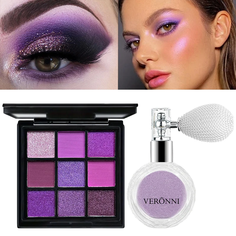 9-Color Ube Purple Eyeshadow Palette + 4-Color Highlighter Spray Set –Matte & Shimmer, Versatile Glow for Day to Night,Festival