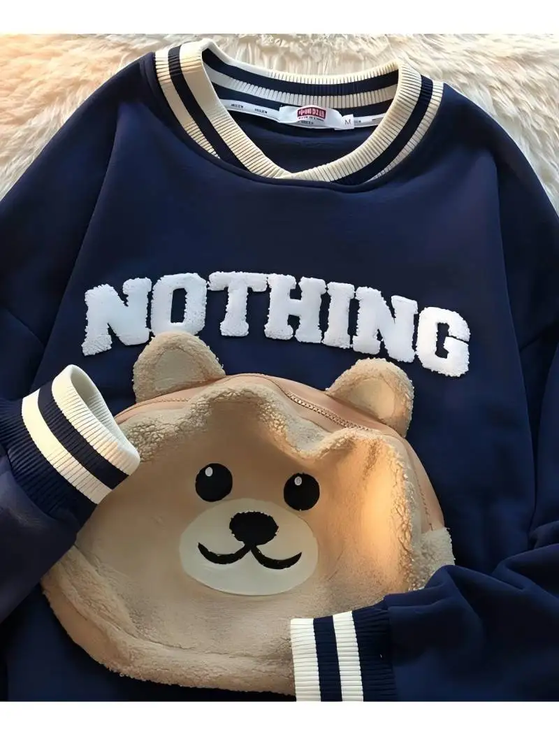 CGC Korean Fashion Cartoon Embroidery Sweatshirts Spring Autumn O-Neck Hoodies Women Kawaii Pullovers Female Clothing Tops