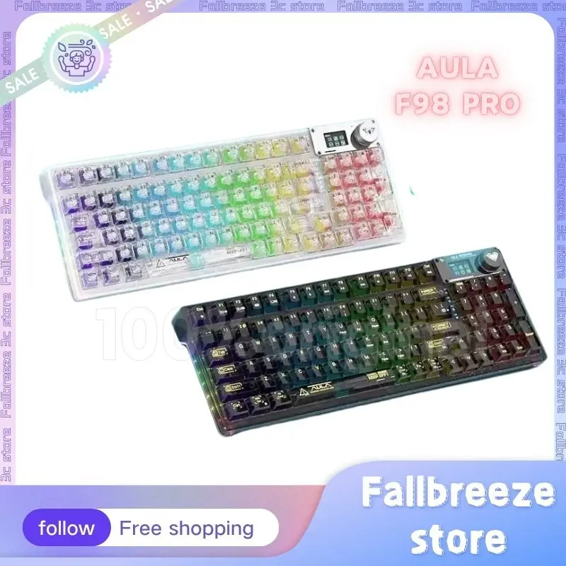 Aula F98 Pro Wireless Mechanical Keyboard Transparent With Screen 3-Mode Keyboard GDA Keycaps RGB Backlit Gasket Gamer Keyboards