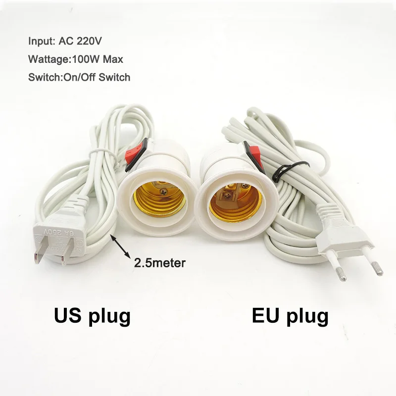 

2.5m AC Power Cable EU US plug E27 LED Lamp bulb Bases Socket Holder with switch extension cable for Pendant Bulb Hanglamp