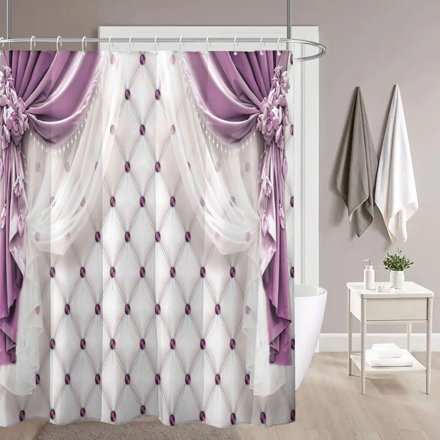 4-piece set of imitation purple curtain diamond grid printed waterproof shower curtain, with 12 hooks and bathroom floor mats