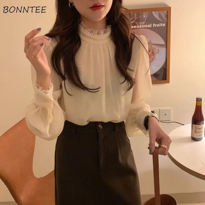 

Chiffon Pleated Shirts Women Chic Stand Collar Pearls Korean Solid Color Patchwork Long Puff Sleeve Blouses Loose Elegant Tops