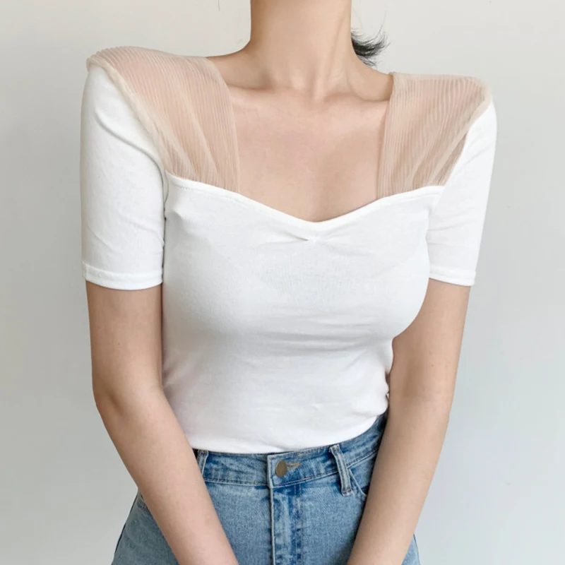 Chic Summer Slim Fit ort Sve T-irt Women's Square Collar Me Splice Design Top Korean Sle Commute Faion