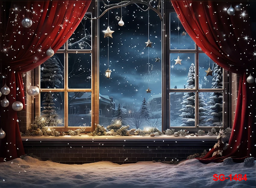 사진 배경 창 밤 크리스마스 소나무 장식, 가족 휴일 파티, 겨울 별 배경, 사진 스튜디오