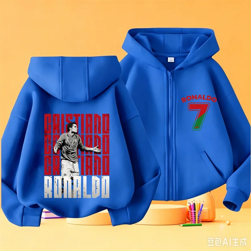 Children's Fashion Letters Football CR7 Zipper Style Coat Sweatshirt Boys Girls 3-12 Yrs Hoodie Long-sleeved Top Casual Clothing 2