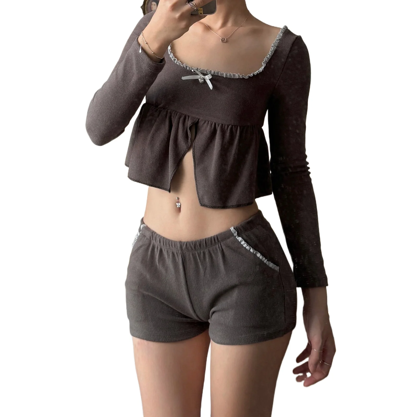 

Women Spring Fall Shorts Outfits Lace Trim Sqaure Neck Long Sleeve Tops Elastic Waist Shorts 2 Pieces Y2K Clothes Set