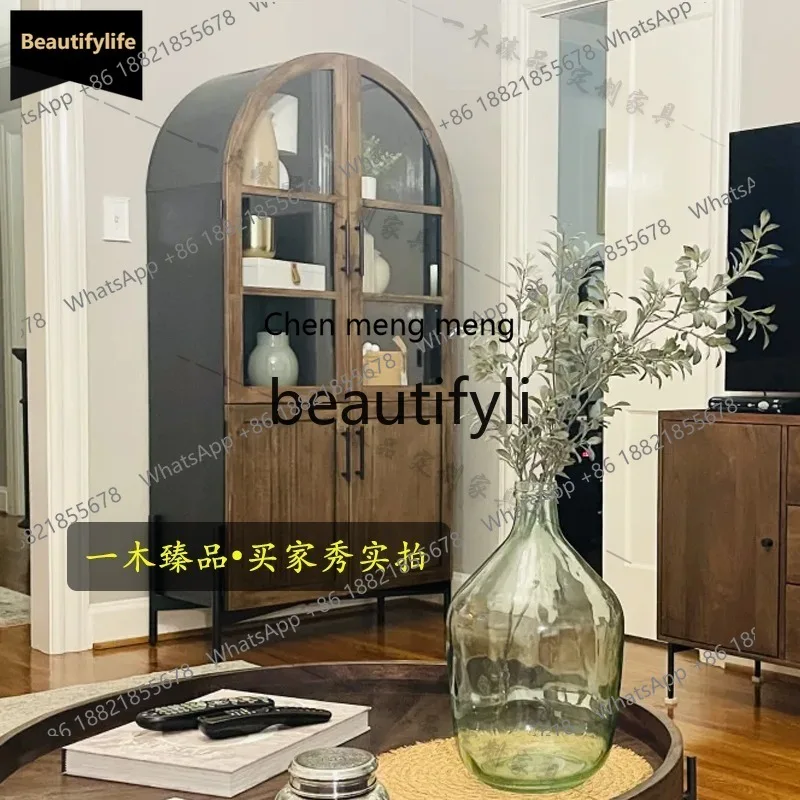 GG American-style Light Luxury Solid Wood Floor Bookcase Living Room Arched Glass Door Storage Cabinet Wine Cabinet