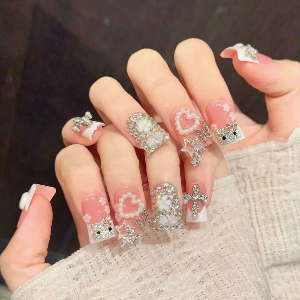 10 piezas de uñas postizas de pato hechas a mano, estilo chica linda, adecuadas para festivales, fiestas y uso diario 2