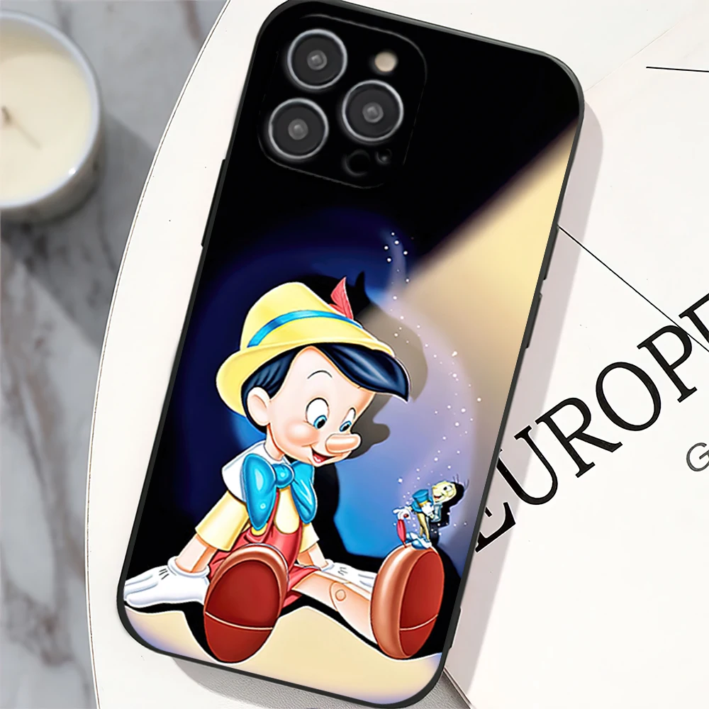 MINISO Cartoon P-Pinocchio Phone Case for iPhone 12 11 13 14 15 16 Max Pro Plus Black Soft Silicone Cover