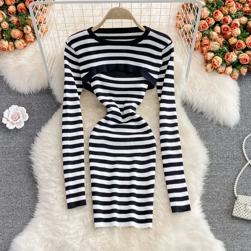 knit two piece set striped 2024 New Women Crop Top Spaghetti Strap Sexy Bag Hip bodycon dress Suits Autumn Korea Casual Knitted