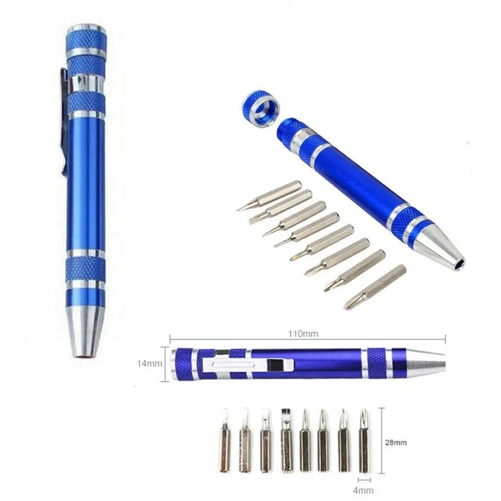 8* Screwdriver Bits Pen Style Screwdriver Blue Electronics Jewellery Laptop Mini Mobile Precision Spectacles New