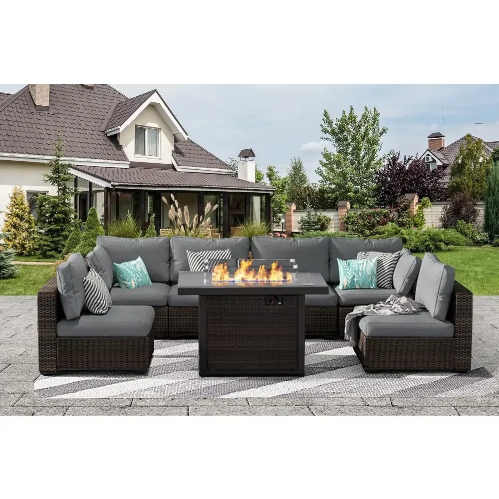 Patio Furniture Set 7 Pieces with Fire Pit Table Patio Sectional Furniture Sofa Chair Sets, PE Rattan Couch Conversation Set