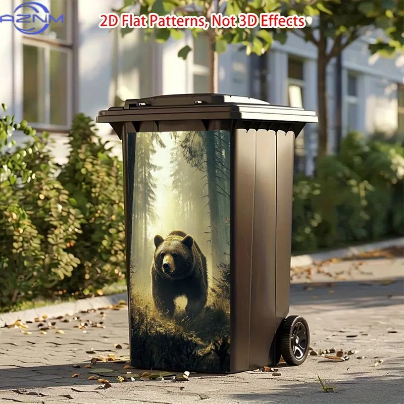 Bear-Themed Trash Can Suitable for Bedroom, Living Room, Office - Peel and Stick PVC Decal with Forest Wilderness, Dramatic Li