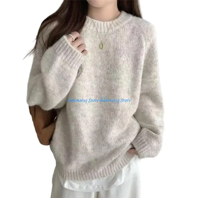 573B Women Warm Fuzzy Knit Oversized Long Sleeve Crewneck Winter Sweater Pullover Top