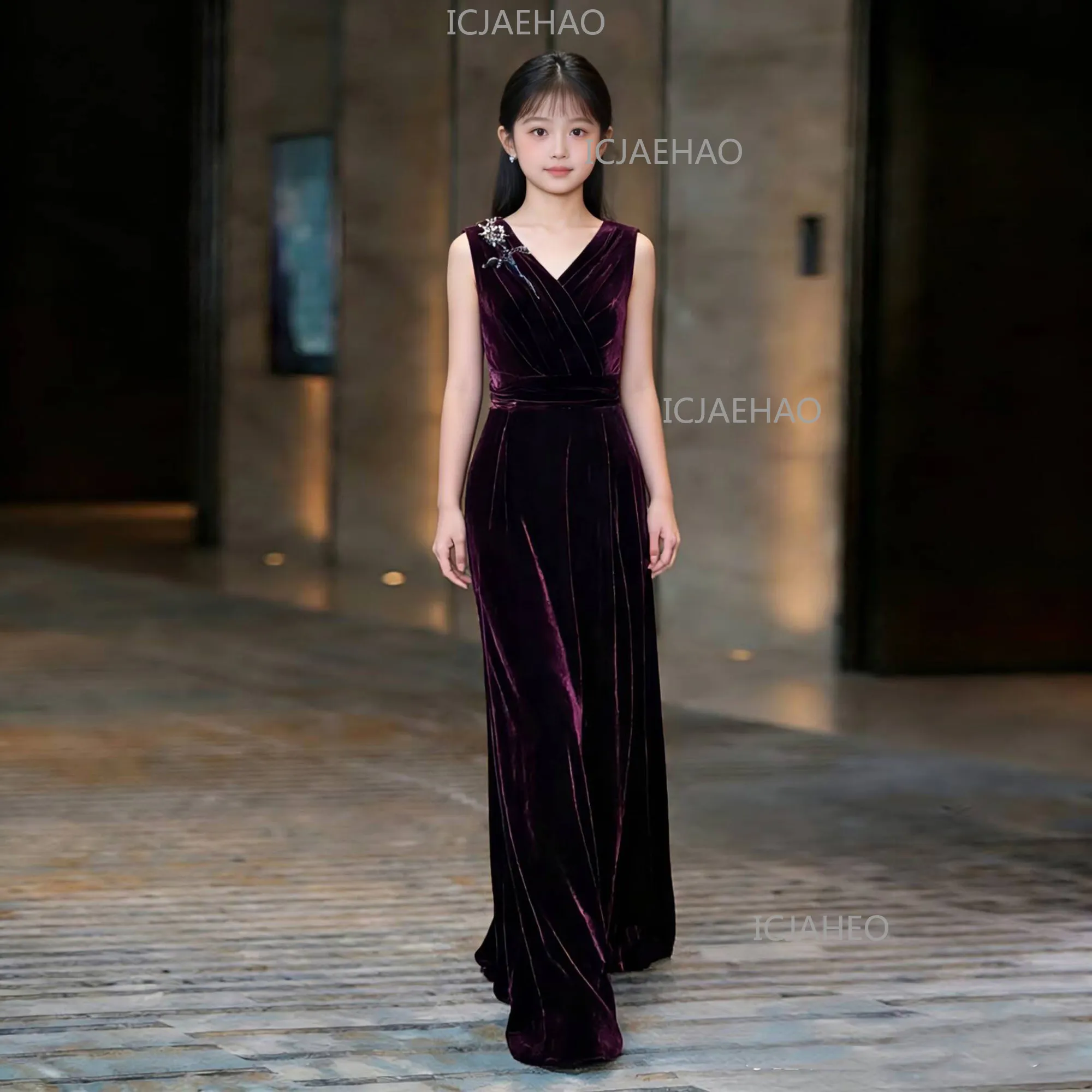 High-End Girls Evening Dress, Model Catwalk, Piano And Violin Performance Gown, Slim Elegant Girl Zither Stage Velvet Dress