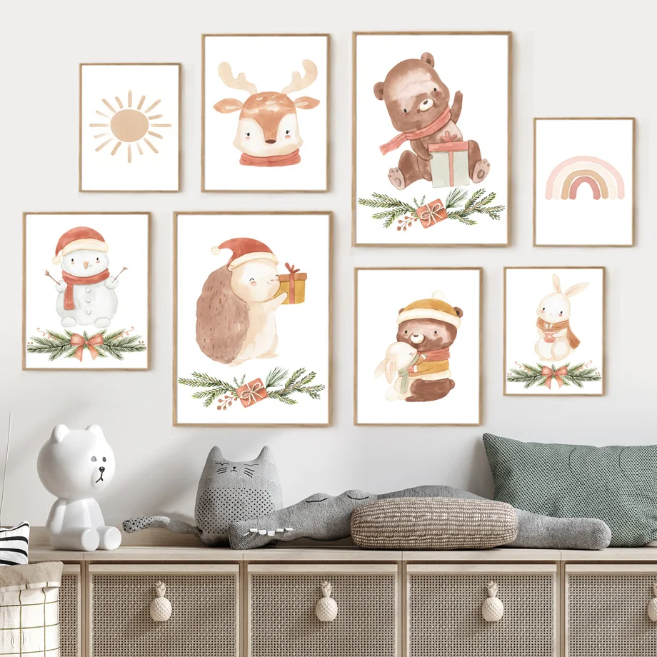 Christmas Gift Snowman Bunny Bear Squirrel Sun Wall Art Canvas Painting Nordic Posters And Prints Wall Pictures Kids Room Decor