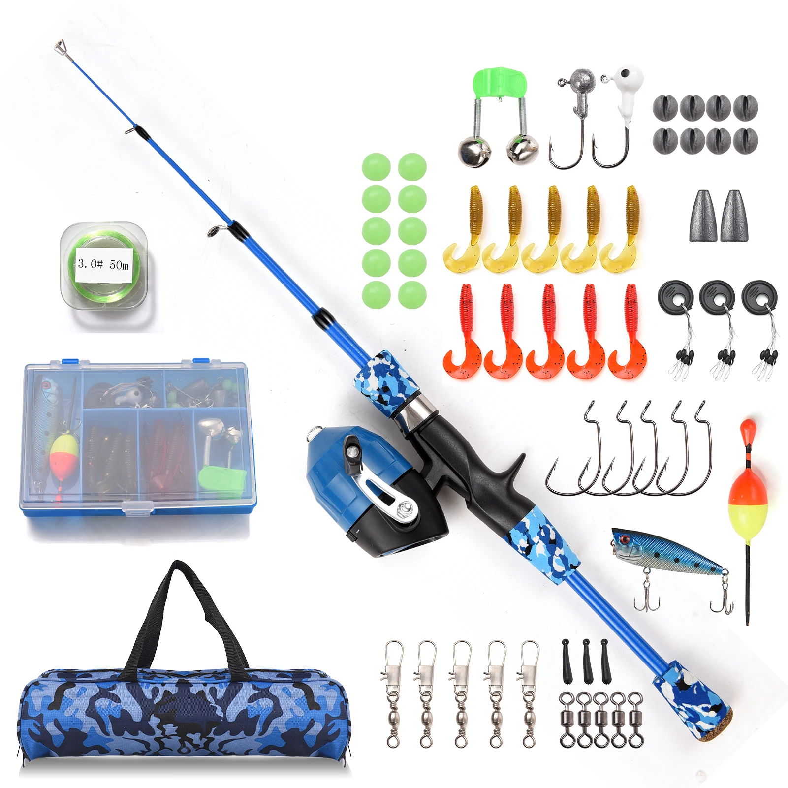 1.5m Telescopic Casting Rod Pole Kids Fishing Rod and Reel Combo Full Kit with Spincast Reel and Hooks Lures Swivels