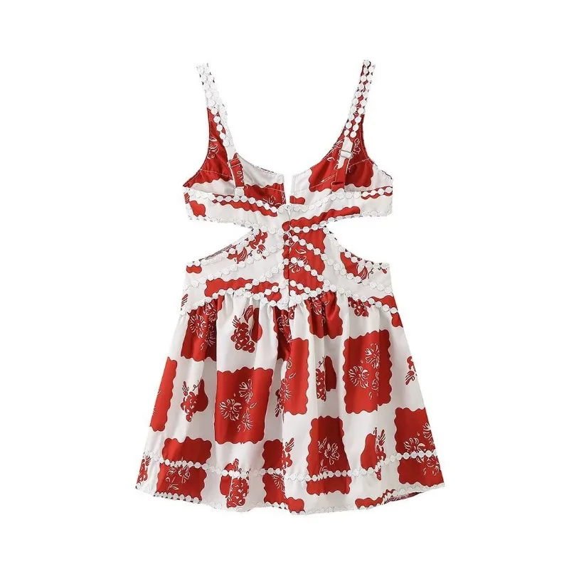 Fashion Retro Bohemian Style Sexy Red Plaid Printed Slip Dress for Qomen Tight Waisted Side Cutout A- Line Dress New Summer